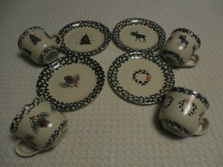 Set Of 8 Folk Craft By Tieshan Dishes 4 Cups And 4 Salad Plates Holiday Pines