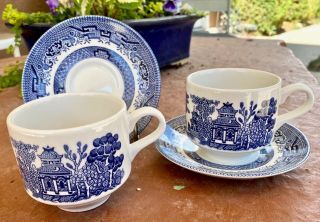 Churchill England Blue Willow Coffee Tea Cup And Saucer - Set Of 2