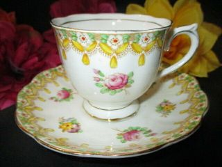 Cup Saucer Royal Albert Torquay Pink Enamel Roses With Violets Yellow Swags