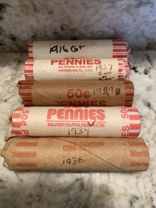 5 Rolls Unsearched Wheat Penny 1916,  1927,  1929,  1934,  1936\\ Estate Find