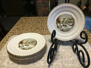 Vintage Set Of 6 Harkerware Usa Currier & Ives 6 1/4 " Dessert Plates