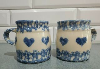 Roseville Pottery Friendship Blue Heart Spongeware Coffee Cup Mug Set Of 2