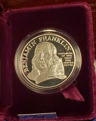 1992 Usa Ben Franklin Fire Fighters One Ounce.  999 Silver Proof Medal