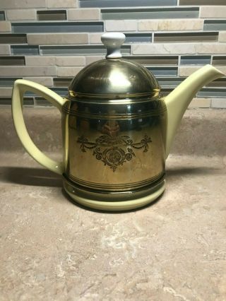 Hall China Co Forman Family Yellow Teapot Brass Insulated Cozy Vintage Usa