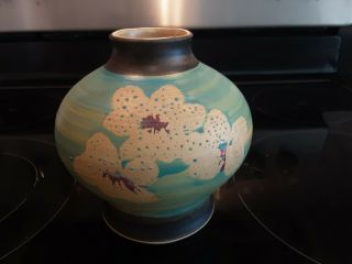 Vintage 1971 Pacific Stoneware Apple Blossoms Pottery Vase Signed B.  Welsh