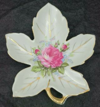 Made In Japan Leaf Shape Porcelain Floral Trinket Dish Pink Rose Gold Trim