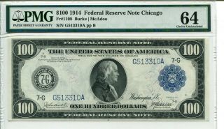 Fr 1108 1914 $100 Federal Reserve Note Chicago Pmg 64 Choice Uncirculated