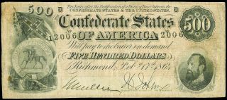 1864 Confederate States $500 Stonewall Jackson Note Fr Cs - 64