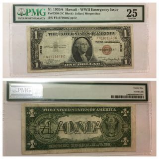 Vintage Pmg 25 F - C $1 Hawaii 1935 - A Silver Certificate One Dollar Hawai’i Fc Vf