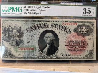 1869 $1 Legal Tender Rainbow Note,  Rare Fr 18,  Large Red Seal,  Circ Vg/f,