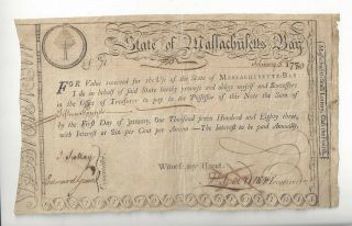 1780 Massachusetts Bay15 Pounds State Lottery Bond With Rattlesnake Design