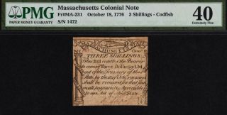 Ma - 231 " Printed By Paul Revere " Pmg Xf40 3s 1776 Massachusetts Colonial Currency