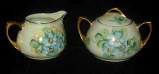 R S Germany Hand Painted Sugar Bowl And Creamer Set Blue Flowers