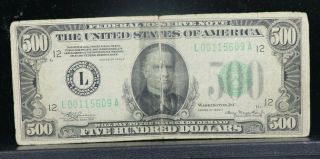 1934a $500 Five Hundred Dollar Bill Federal Reserve Note L00115609 A