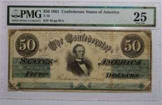 1861 $50 Confederate States Of America Banknote Pmg Vf 25 Low Serial Number 48