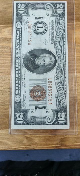 1934 A $20 Federal Reserve Note Hawaii Overprint Fr 2305 La Block San Francisco