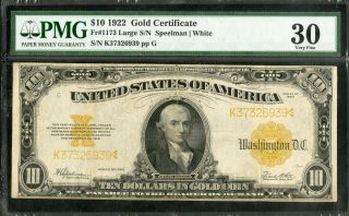 Us Paper Money 1922 $10 Large Sized Gold Certificate Pmg Vf30
