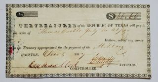 1837 Republic Of Texas Military Payment - - Treasurer - - Houston