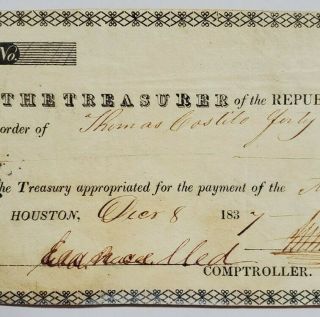 1837 Republic of Texas Military Payment - - Treasurer - - Houston 3
