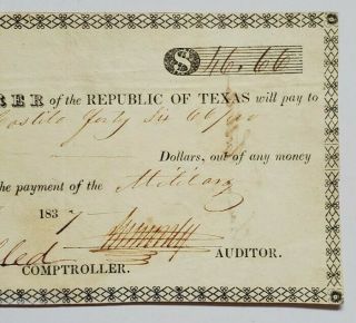 1837 Republic of Texas Military Payment - - Treasurer - - Houston 4