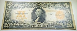 1922 United States $20 Twenty Dollar Bill Old Antique Us Gold Certificate Note