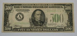 1934 $500 Five Hundred Dollar Bill Note Aa Block Boston Fr.  2201 Vg