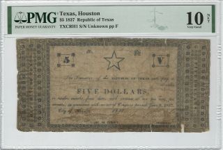 Republic Of Texas $5 Star Note 1837 Cr.  H1 Pmg Very Good 10 Net Cut Cancelled