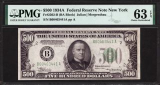 $500 1934a Federal Reserve Note Frn Fr 2202 Pmg 63 Epq Bright High Denomination