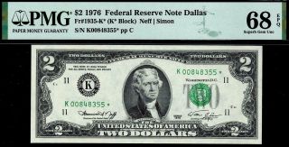 1976 $2 Dallas Federal Reserve Star Note Frn • Pmg 68 Epq • 1935 - K Top Pop 8/0