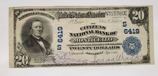 1902 $20 Citizens National Bank Of Monticello Kentucky Ky Ch 6419