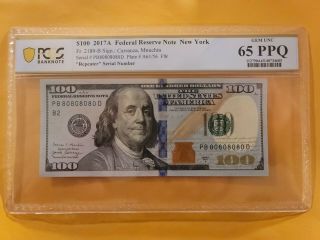 $100 One Hundred Dollar Bill.  Fancy Serial Repeater And Binary Pb80808080d 2017a