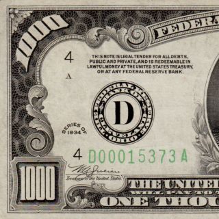 Trophy Note Cleveland 1934 $1000 One Thousand Dollar Bill 500 Fr.  2211d D015373a