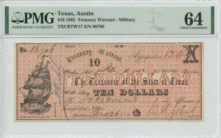 1862 $10 Austin Texas Treasury Warrant - Military Pmg 64 Ch Unc