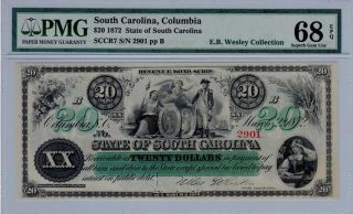1872 $20 The State Of South Carolina,  Pmg 68 Gem Uncirculated Epq - Wow