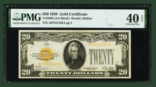 1928 $20 Gold Certificate - Pmg 40 Epq (fr.  2402)