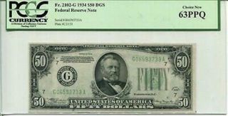 Fr 2102 - G 1934 $50 Federal Reserve Note Pcgs 63 Ppq Choice Uncirculated