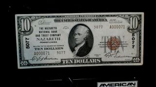1929 Type 2 Nazareth Pa About Unc Ten Dollar National Bank Note $10 Bill Ch 5077