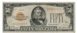1928 Us $50 Fifty Dollar Gold Certificate Woods Mellon Currency Note H00285059