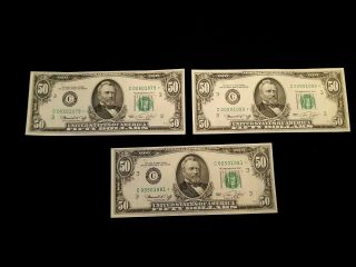 Very Scarce - - 1974 $50 Star Federal Reserve Notes 3 Consecutive Ch/gems 3