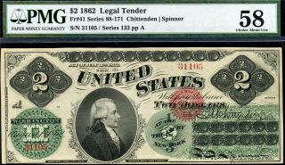 Hgr Saturday 1862 $2 Legal Tender ( (rare Issue X - Rare Grade))  Pmg Au - 58