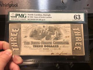 1863 Raleigh,  Nc $3 State Of North Carolina Obsolete Note Pmg Choice Unc 63