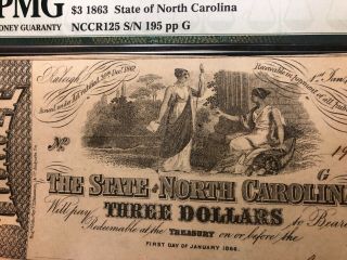 1863 RALEIGH,  NC $3 STATE OF NORTH CAROLINA OBSOLETE NOTE PMG CHOICE UNC 63 2