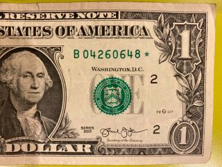 2013 $1 (one Dollar) – Rare,  Star Note – Currency,  Bill – “b”