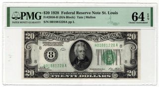1928 $20 St.  Louis Federal Reserve Note Fr 2050 - H Pmg Chcu 64 Epq Y00007697