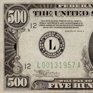 San Francisco,  Ca 1934a $500 Five Hundred Dollar Bill 1000 Fr.  2202 L00131957a