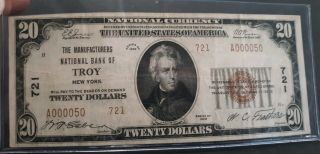 1929 Twenty Dollar National Currency Note Troy N.  Y.  Very Low Serial No.