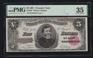 Us 1891 $5 Treasury Note Plain Back Fr 363 Pmg 35 Ch Vf (175)