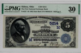Rare 1882 Sidney Ohio $5 Date Back National Banknote Charter 5214 Pmg Vf - 30