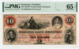 1860 $10 The Farmers Bank Of Kentucky - Frankfort,  Kentucky Note Pmg Gem 65 Epq