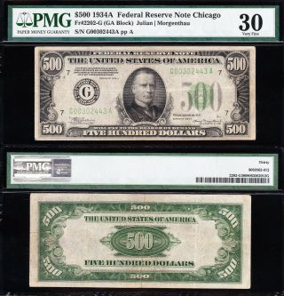 Awesome Bold & Crisp Choice Vf,  1934 A $500 Bill Chicago Frn Pmg 30